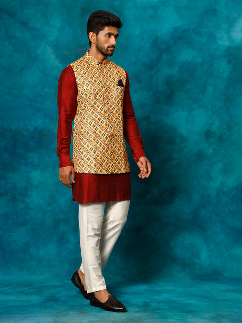 Vastramay Men's Mustard Geometric Printed Nehru Jacket With Curved Kurta And Pant Set